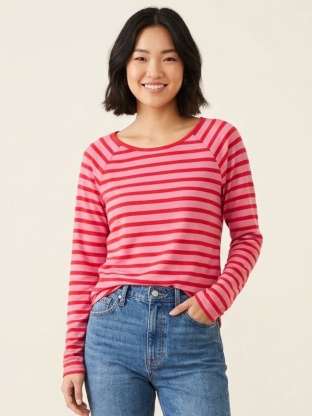 💚kate spade Super Soft Pink and Red Striped Long-Sleeve Tee M